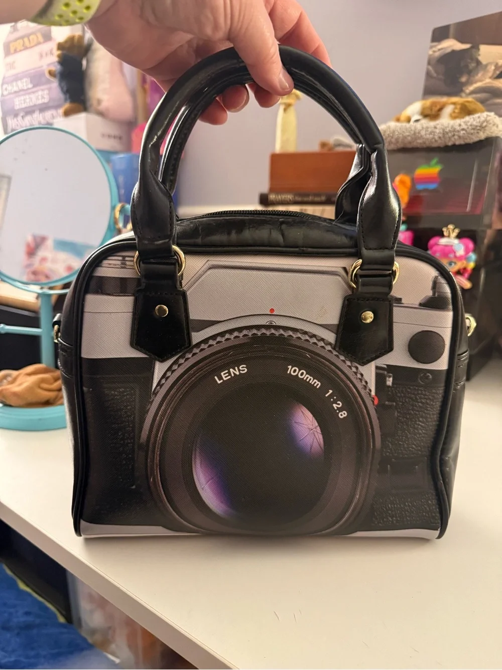 Novelty Vintage Camera Print Handbag - Black and White Faux Leather